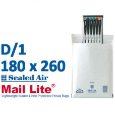 Mail Lite 180 x 260 wht bubbled lined D1 - Box of 100