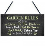 FP - 200X100 - Garden Rules Sit Back And Listen Sign In Dark Grey