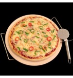 Round Pizza Stone with Chrome Stand and Pizza Cutter - 33cm Diameter