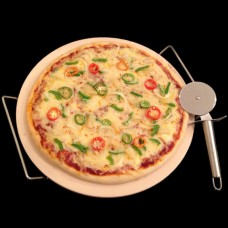 Round Pizza Stone with Chrome Stand and Pizza Cutter - 33cm Diameter
