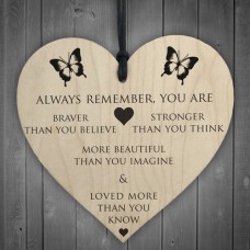 WOODEN HEART - 100mm - Braver Stronger Beautiful Loved